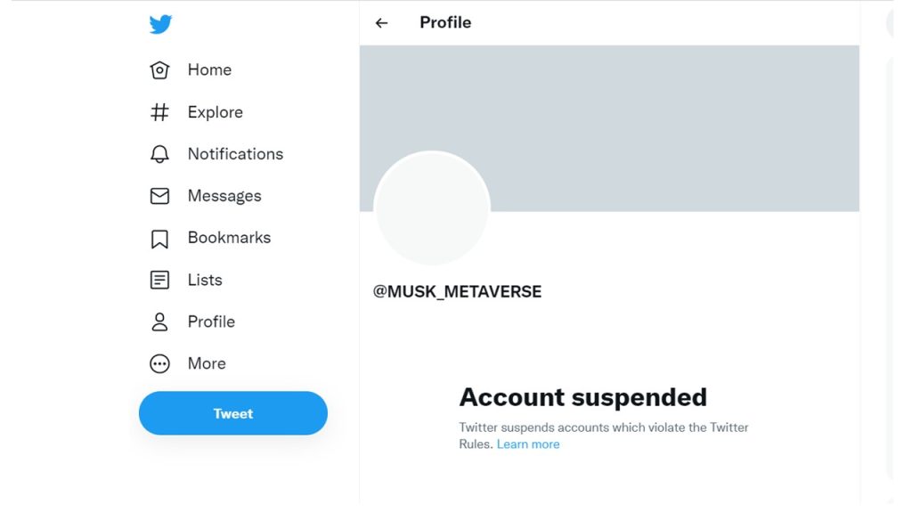The Twitter account of Musk Metaverse (METAMUSK) is suspended.